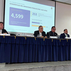 Men in suits and clerical attire sit at a table in front of a screen displaying statistics about sexual integrity and child abuse allegations.